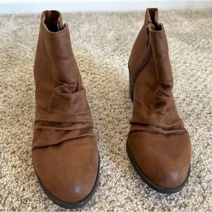 Womens Arizona Side Zip Faux Suede Block Heel Booties - Cognac Brown, Size 6.5